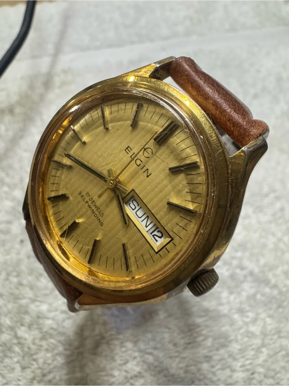 Elgin Gold-Tone Selfwinding Watch with Brown Leather Strap